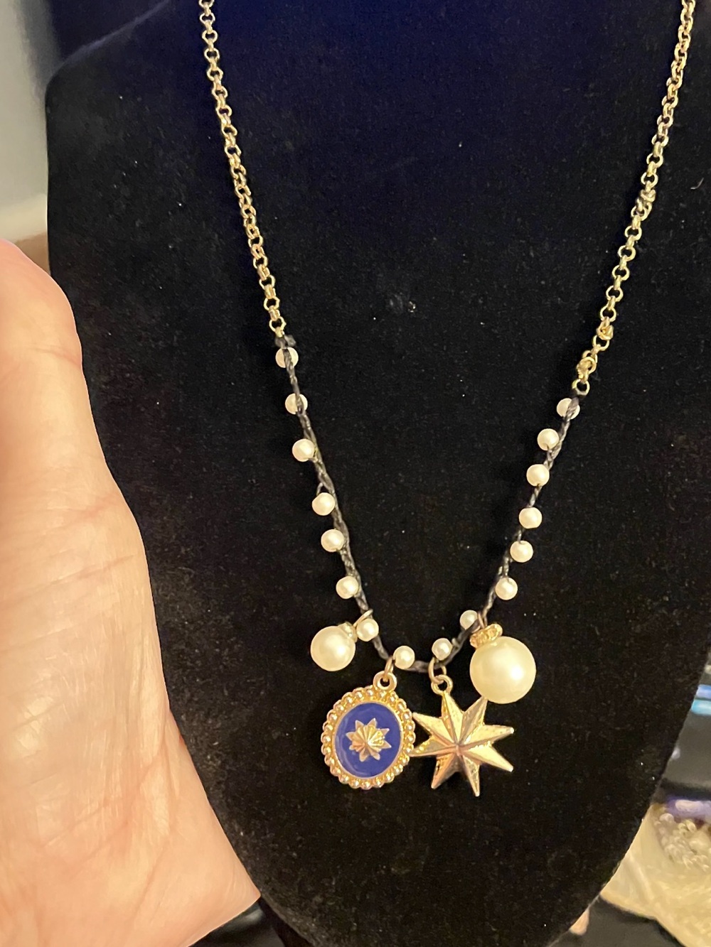 Jessica Simpson Gold Chain Necklace with Cream Pearls and Blue Pendant
